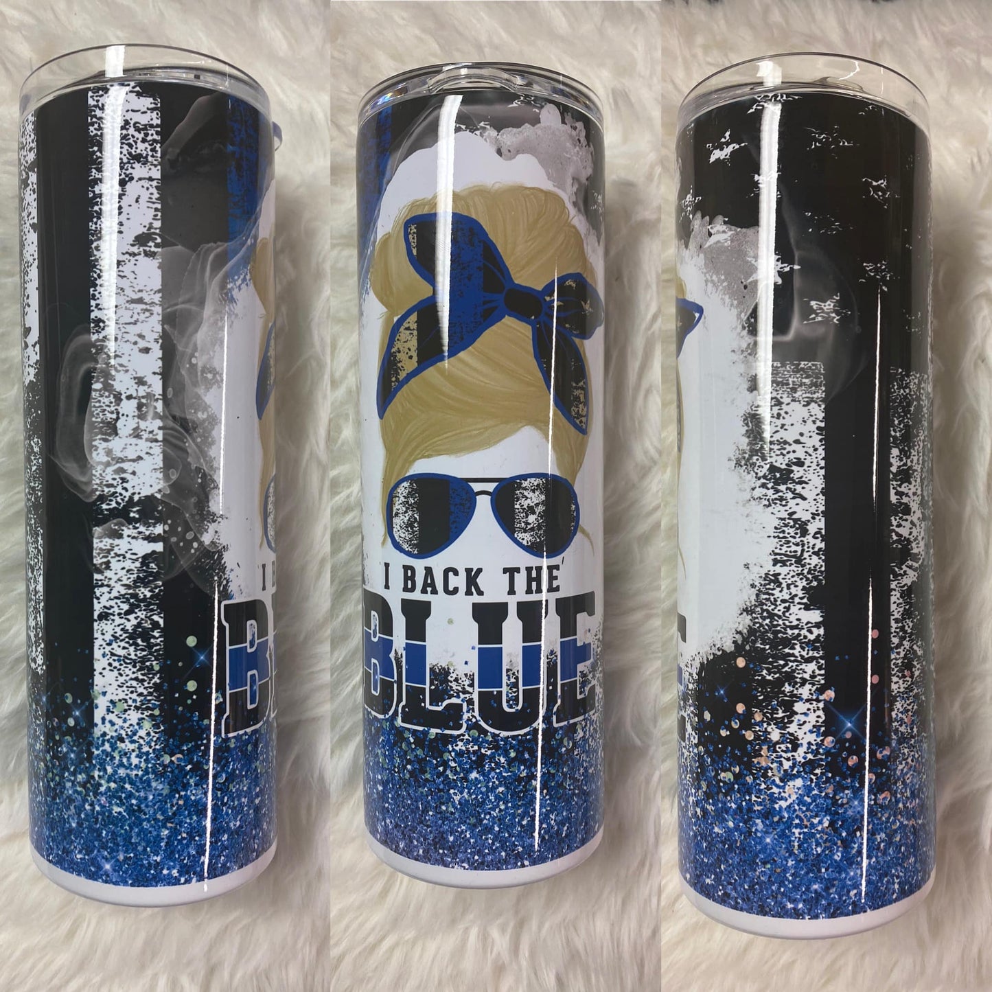 Back the Blue with Blonde Messy Bun 20 oz. Tumbler