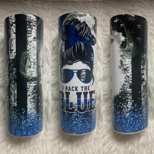 Back the Blue with Black Messy Bun 20 oz. Tumbler