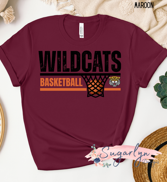 Wildcats Basketball - Distressed with Mascot and Net