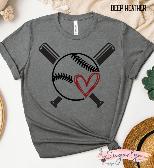Crossed Bats, Ball, Heart -- Baseball/Softball