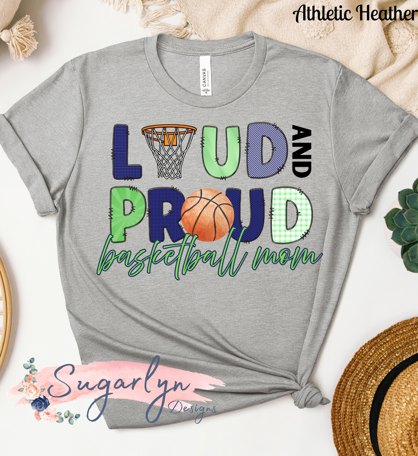 Loud & Proud Basketball Mom -- Navy/Green Doddle Letters