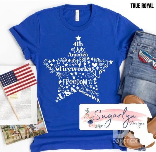 4th of July Star Word Art -- White