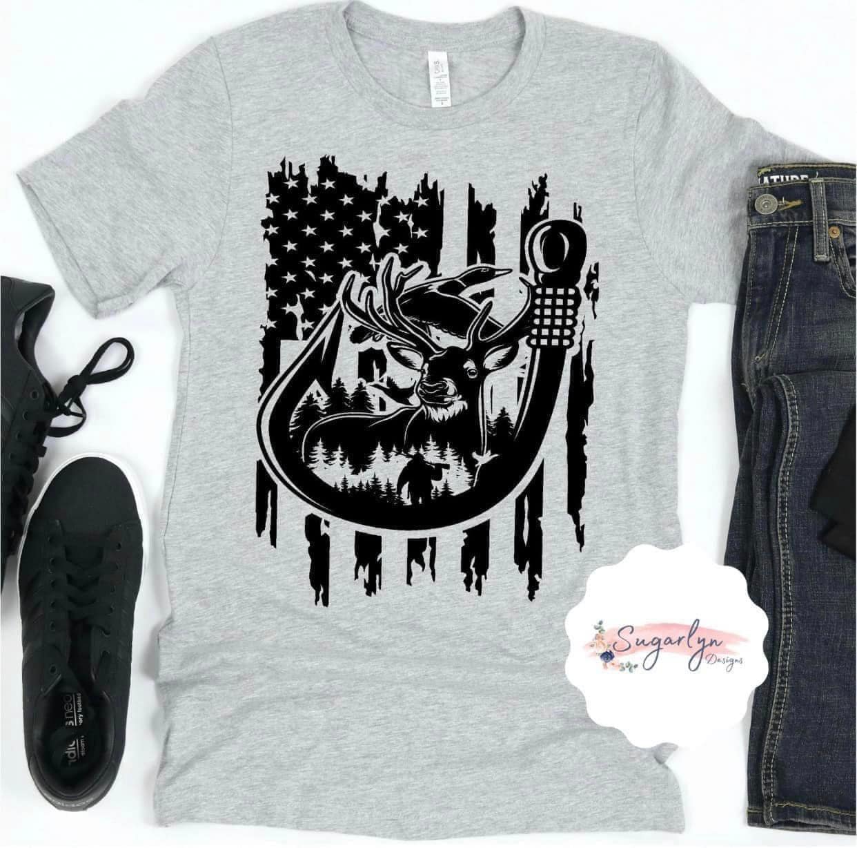 Fishing & Hunting American Flag -- Black