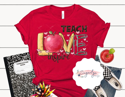 Teach, Love, Inspire with Ruler, Apple, Pencil, Paper Clips